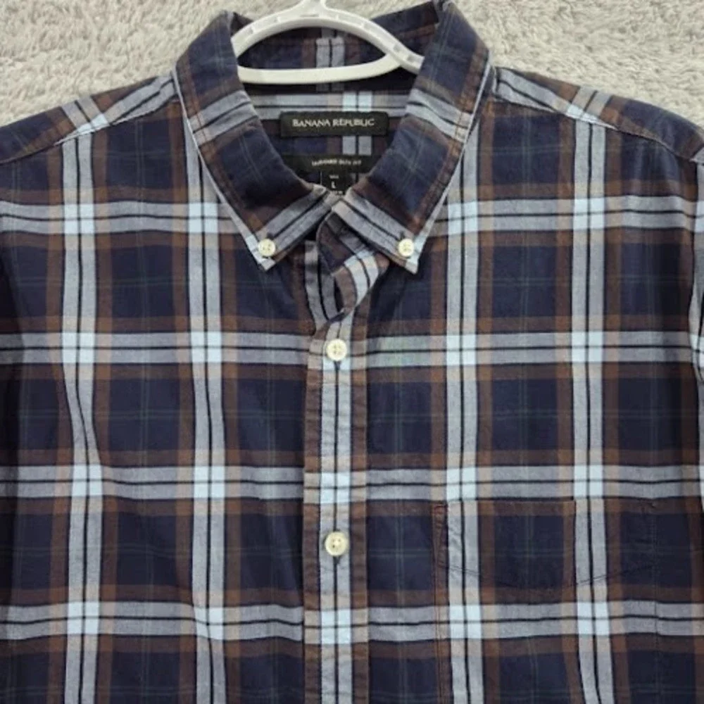 Banana Republic Button Up Shirt Men Large Tall (LT) Blue Plaid Untucked Slim Fit